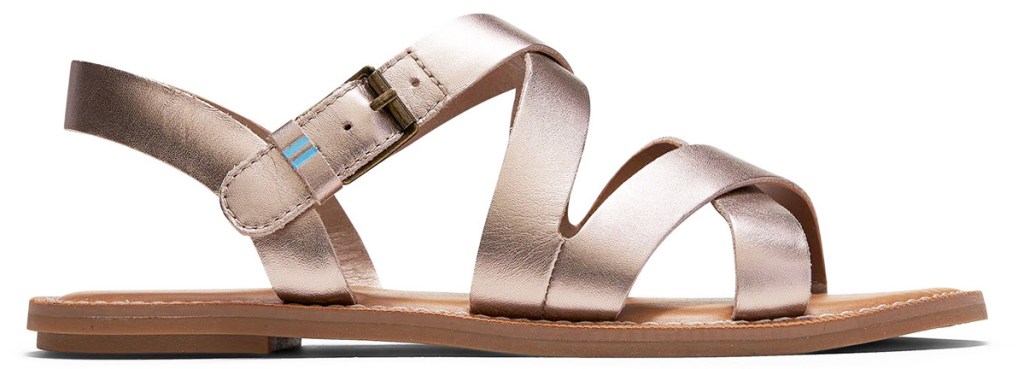 flat sandals with metallic rose gold leather straps