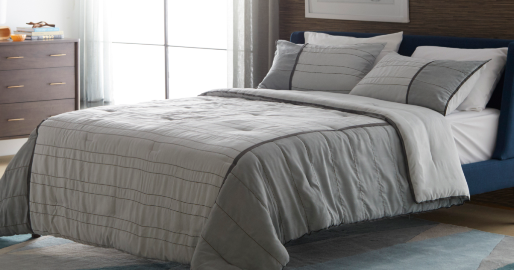 moDRN faux suede comforter set in gray on queen bed