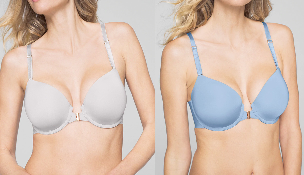 two women modeling front close bras in light grey and light blue colors