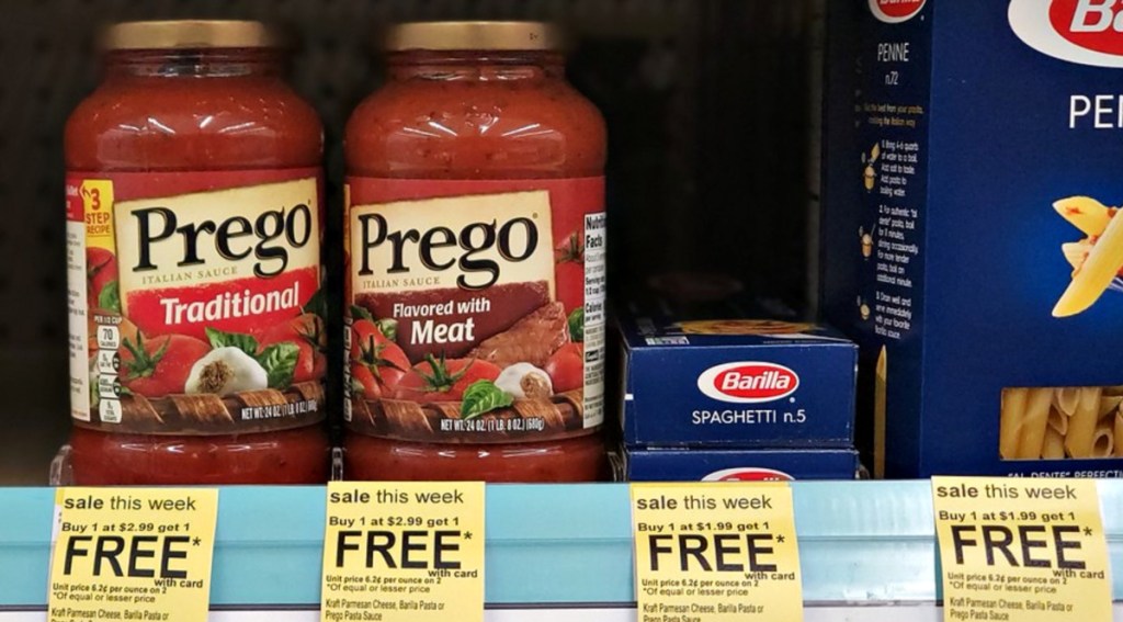 pasta sauce and noodles on shelf at Walgreens