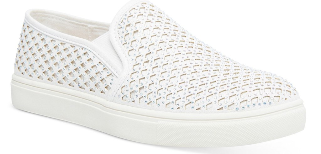 white slip-on sneaker with lattice pattern and rhinestones