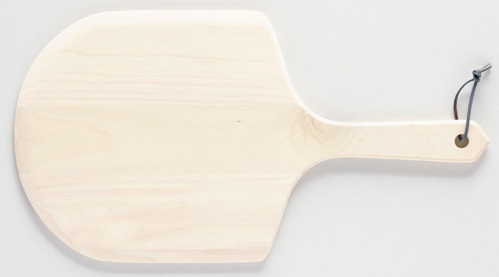 wood pizza paddle with leather tie on end