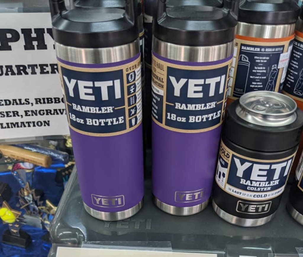 yeti purple 18 oz bottle on display