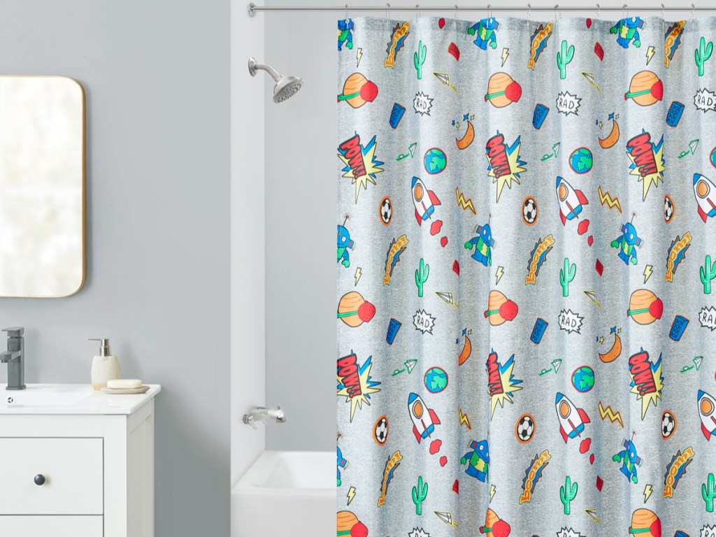 rocket shower curtain in bathroom