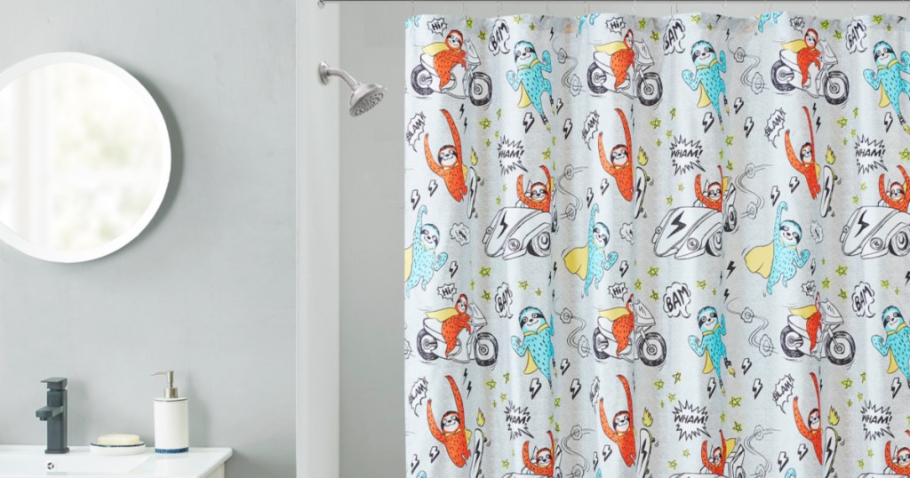 sloth super hero shower curtain in bathroom