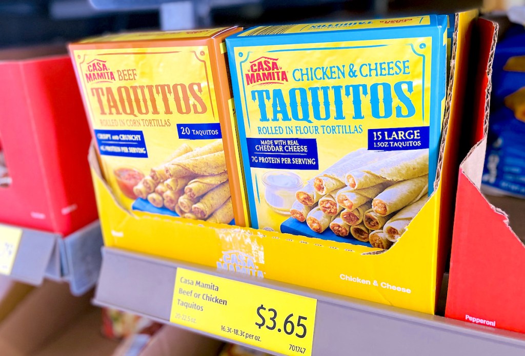 boxes of beef and cheese taquitos on freezer store shelf