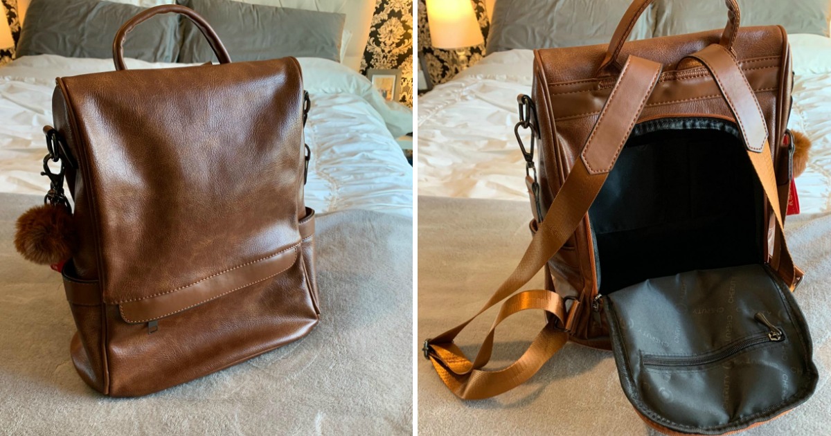 woman's backpack purse in brown leather showing the front and the back