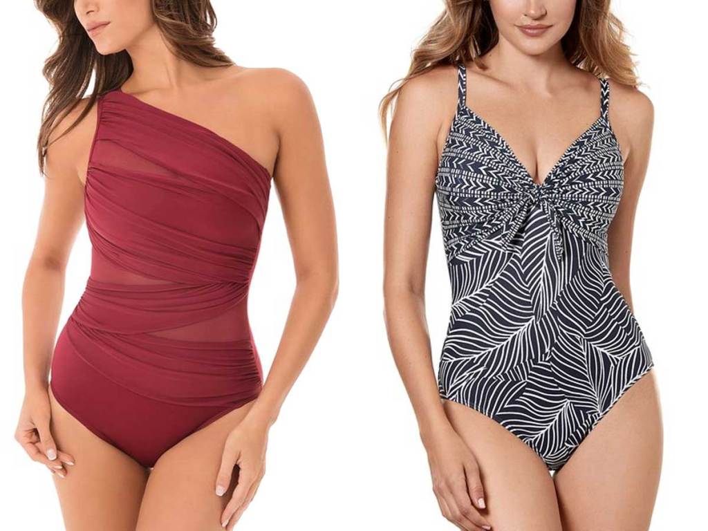 models wearing burgundy and black print swimsuits