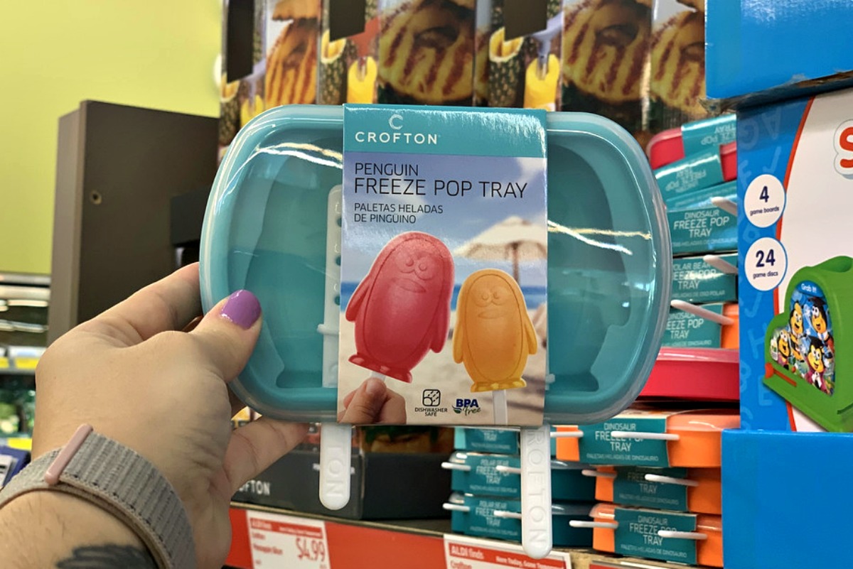 hand holding blue penguin ice pop mold in store
