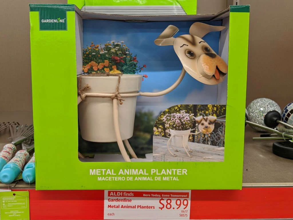 store shelf with dog planter on it