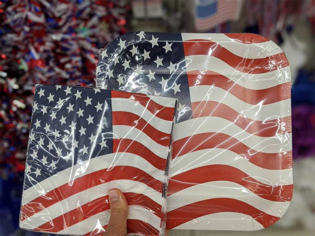 hand holding patriotic plates and napkins