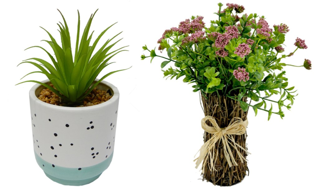 floral decor in pot and wrapped with ribbon