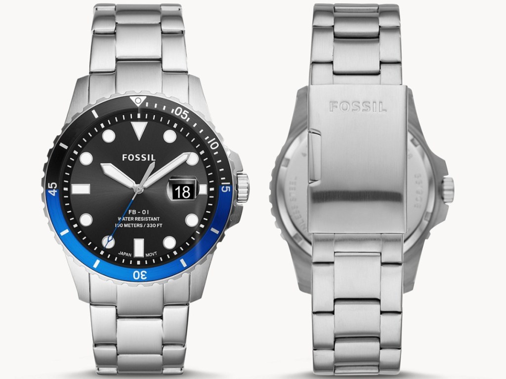 blue and black stainless steel watch front and back views