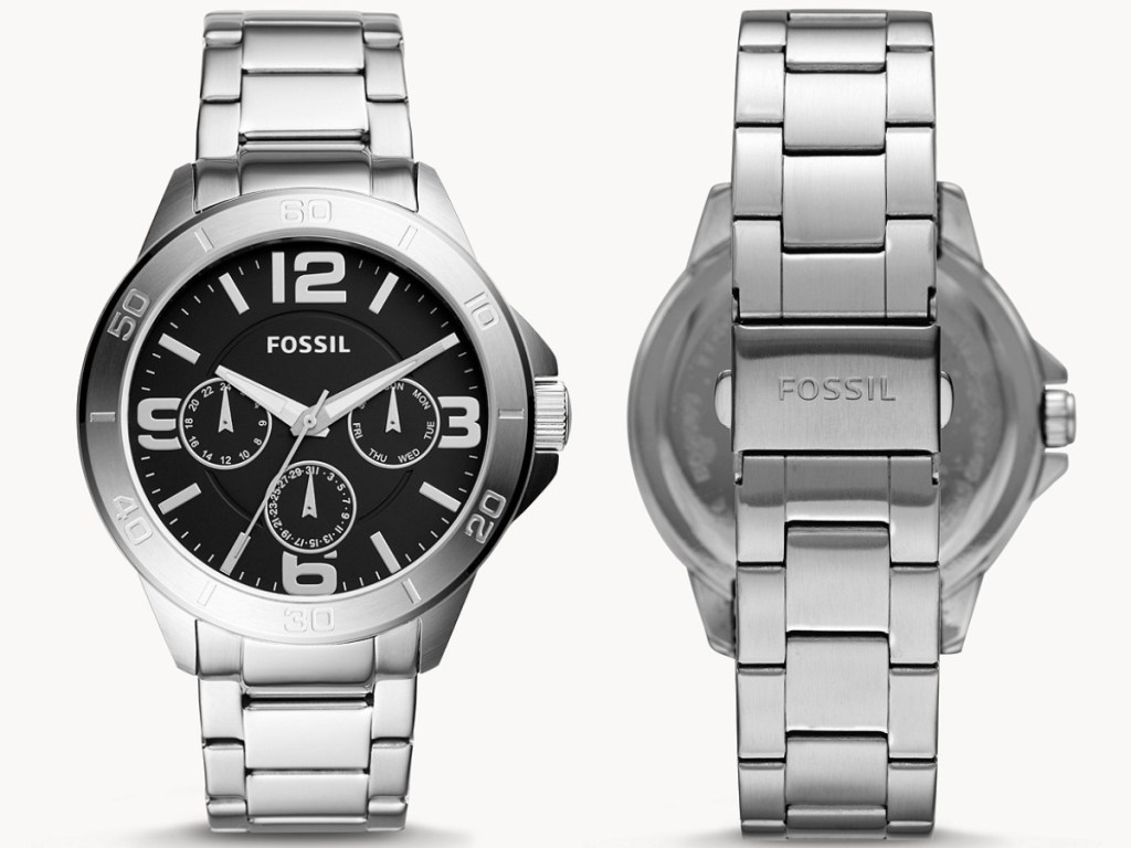 fossil black and stainless steel watch front and back views