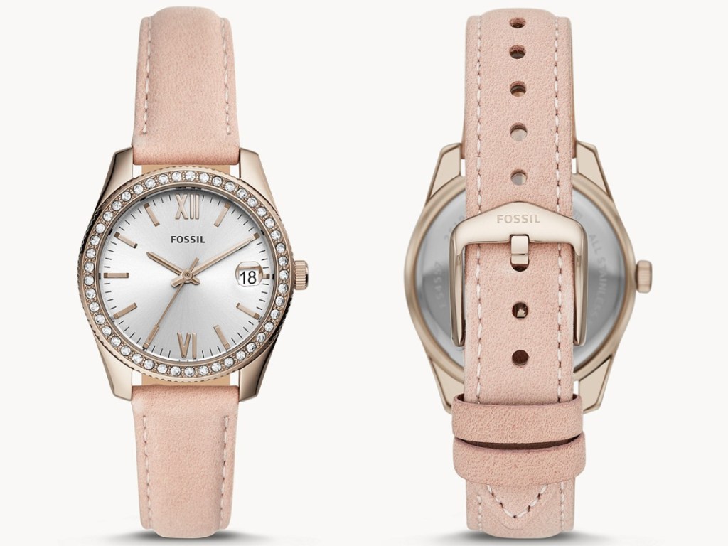 pink and silver women's fossil watch