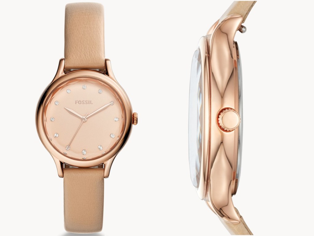 tan and rose gold fossil watch front and side views