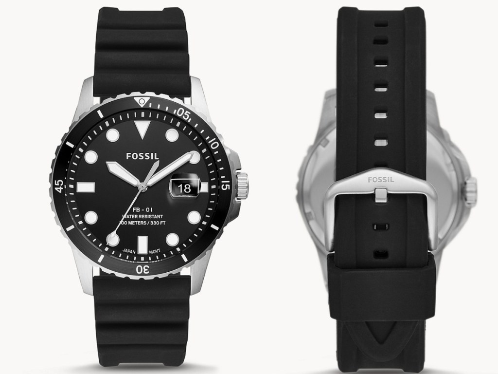 fossil black and white front and back view of watch