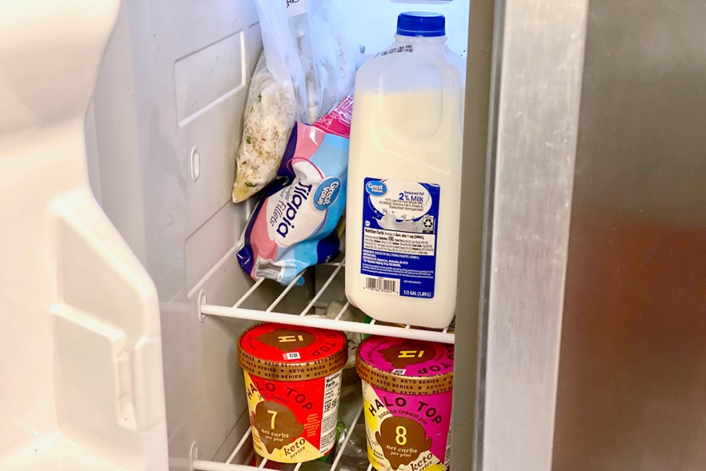 milk jug in freezer