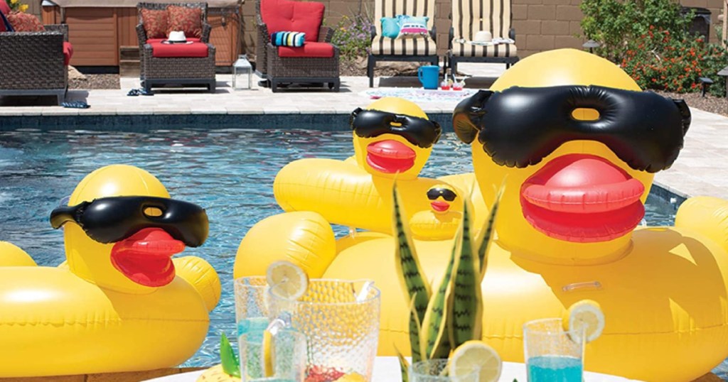 pool that has giant duck floats on it