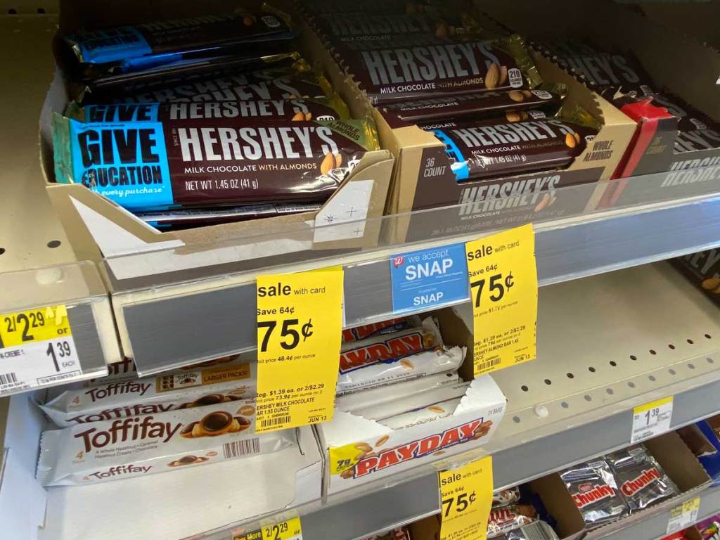 chocolate bars on a shelf in a store
