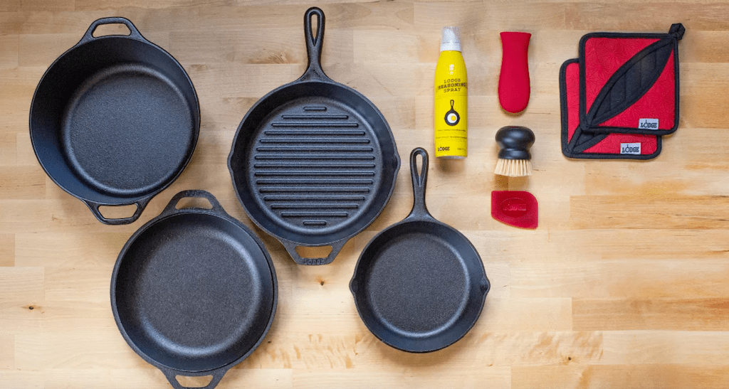 Lodge cast iron cookware set on counter 