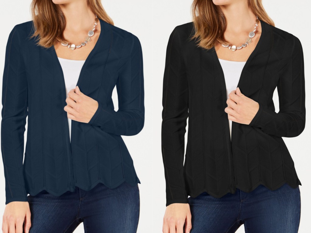 2 women standing next to each other wearing open front cardigans