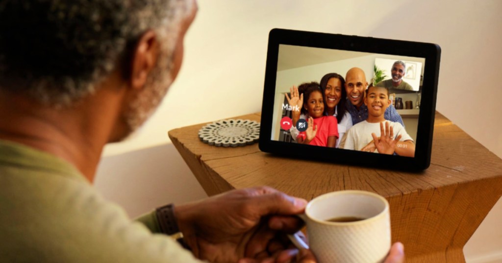 man talking to family on a Amazon Echo Show 10" Smart Displays