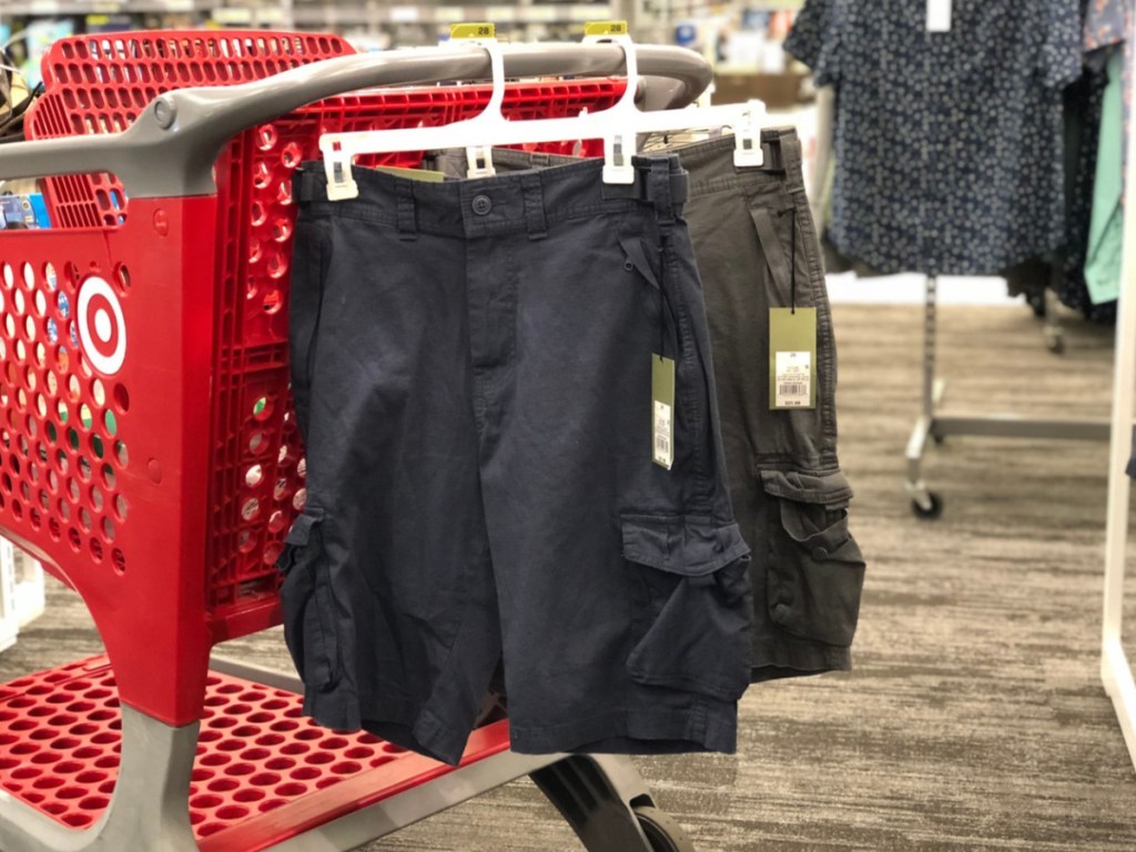 mens shorts hanging on target cart