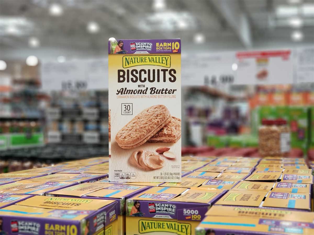 box of almond butter biscuits on display in a store
