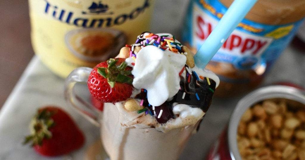peanut butter & jelly shake loaded with whipped cream and sprinkles 