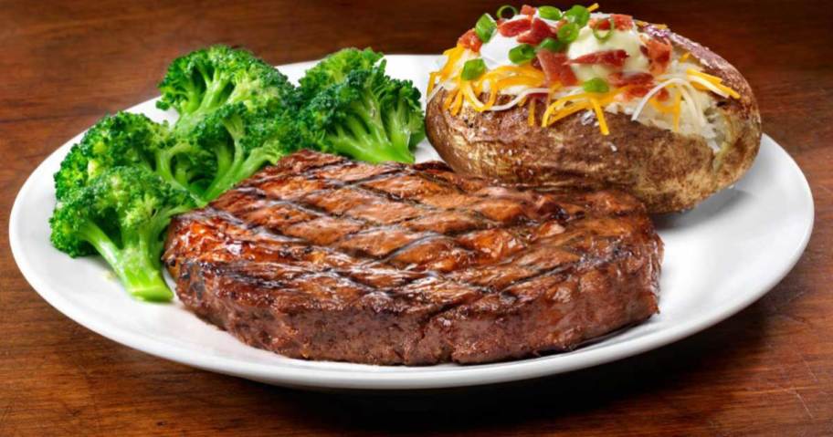 steak on a plate with broccoli and baked potato
