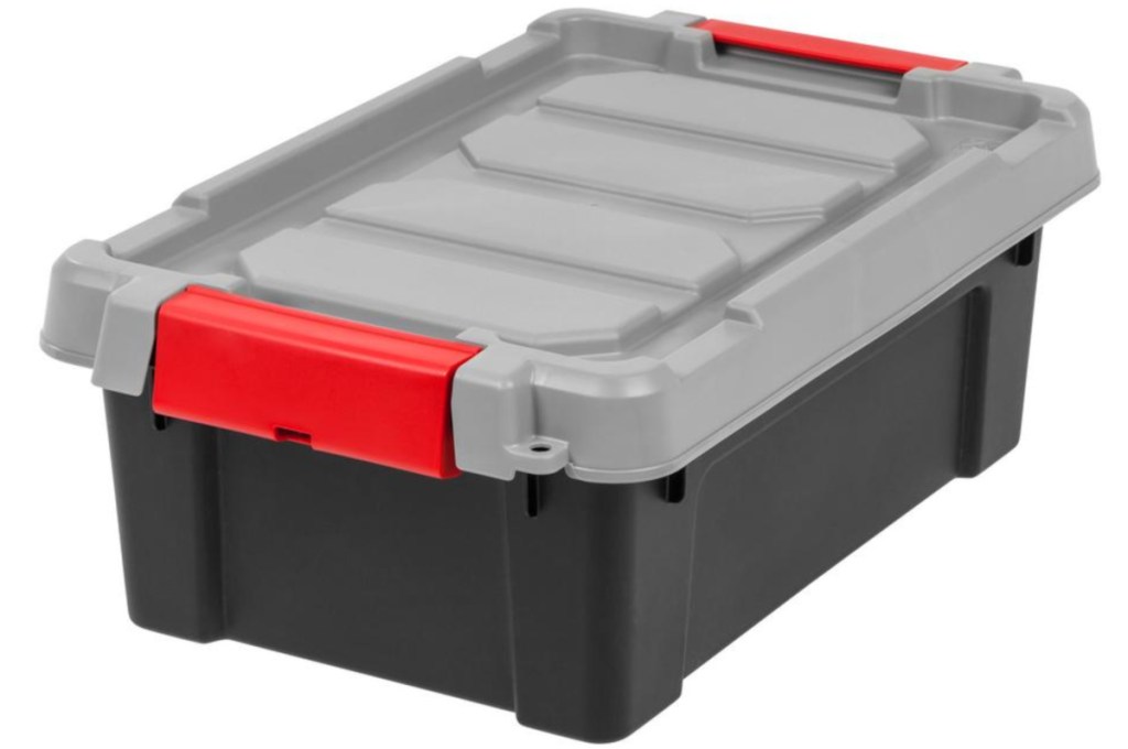 black box with gray top and red handles