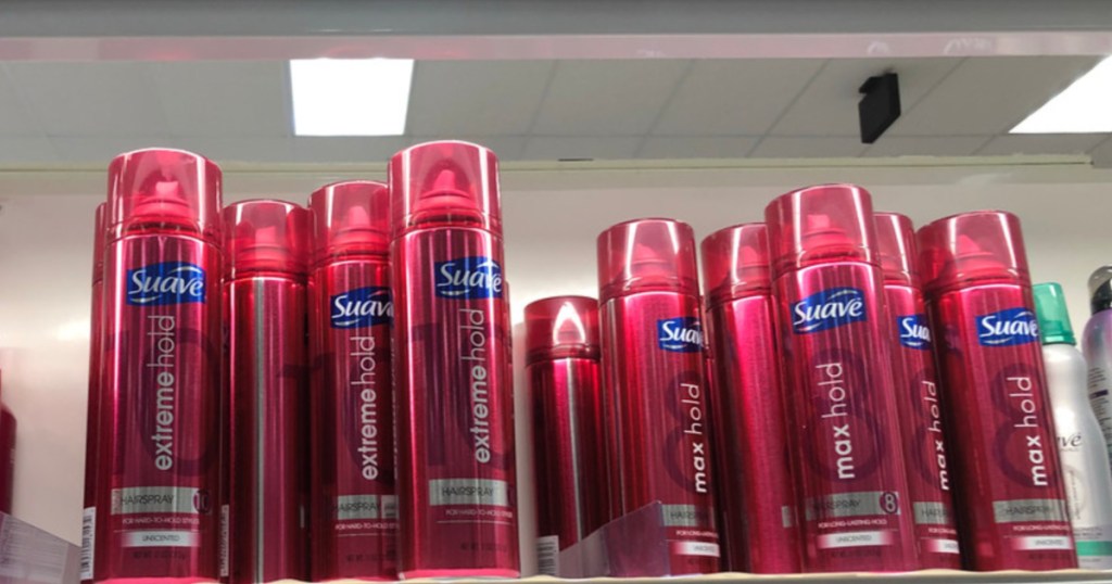 Suave hair spray on store shelf