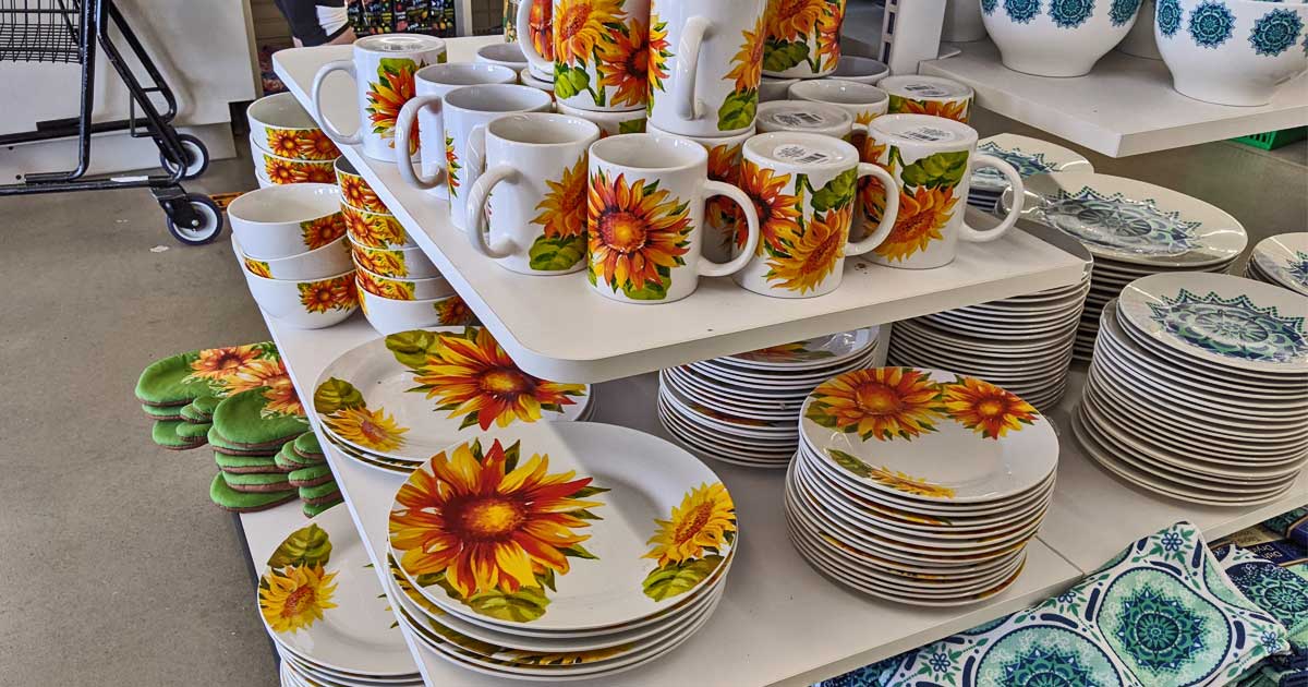 sunflower dish display at dollar tree plates and mugs