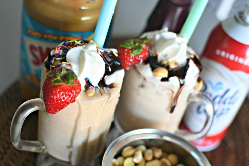 two peanut butter and jelly milkshakes