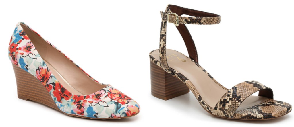womens floral wedges and snake print sandals