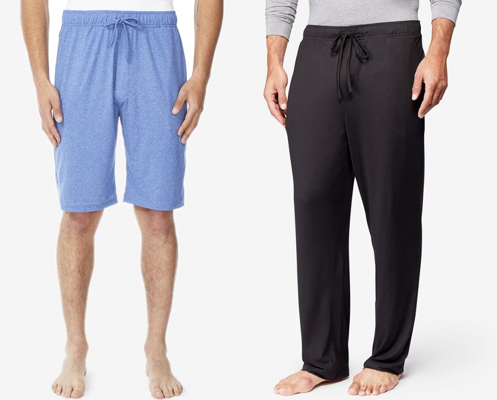 two men modeling light blue sleep shorts and black sleep pants