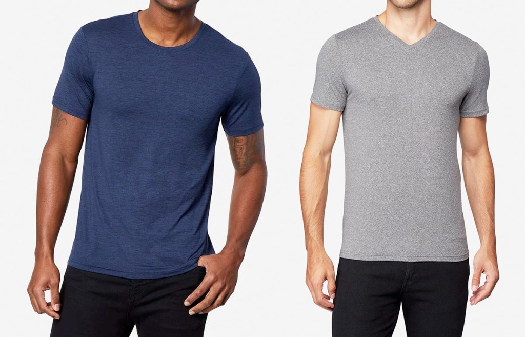 two men modeling dark blue and grey tshirts