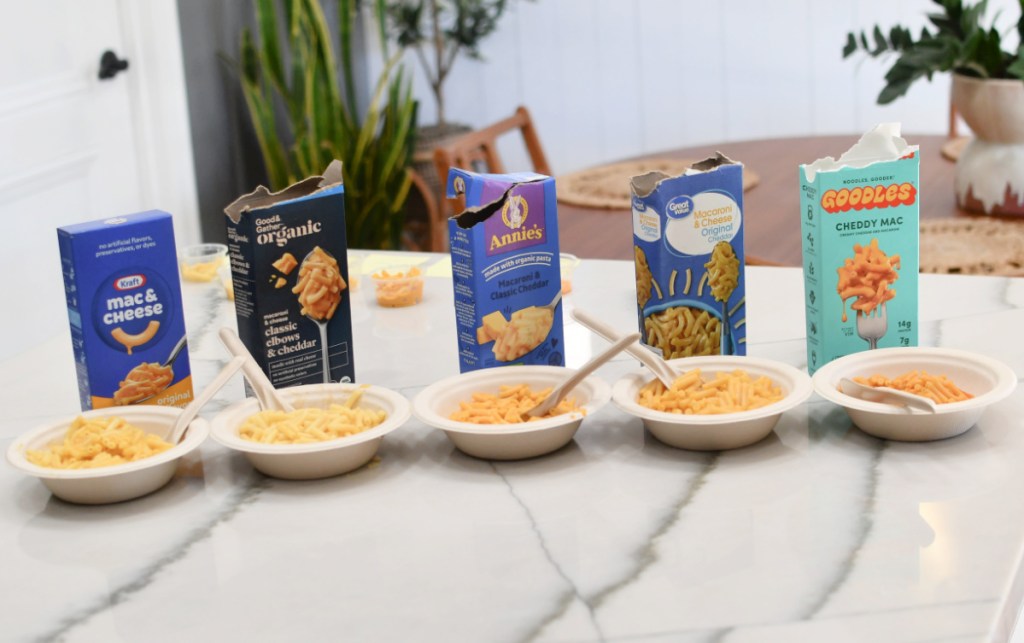 5 brands of mac and cheese on the counter