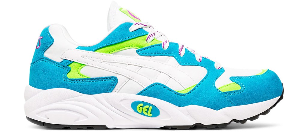 blue and white sneakers with lime green accents and thick white rubber sole