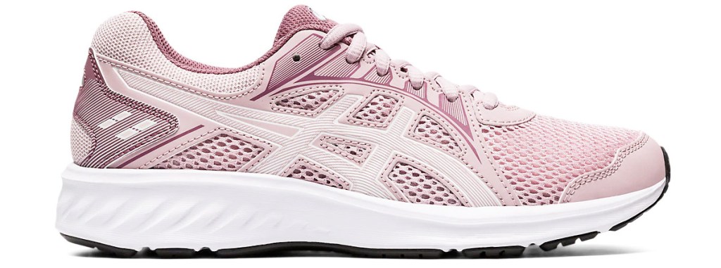 light pink running shoe with white stripes