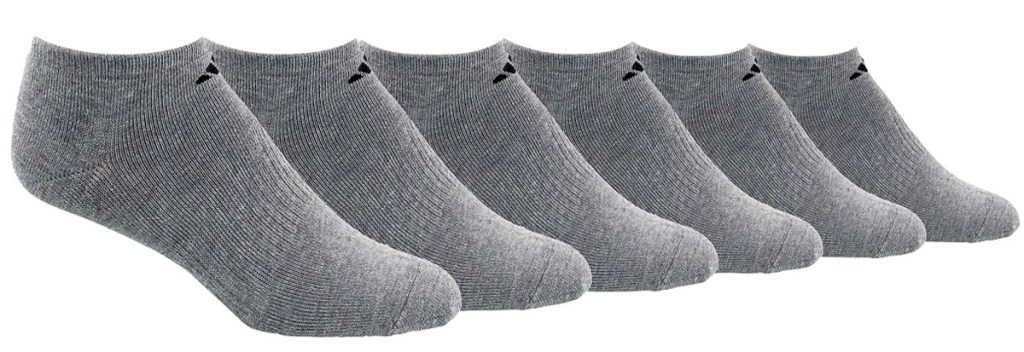 six grey low cut socks with black adidas logo on ankle