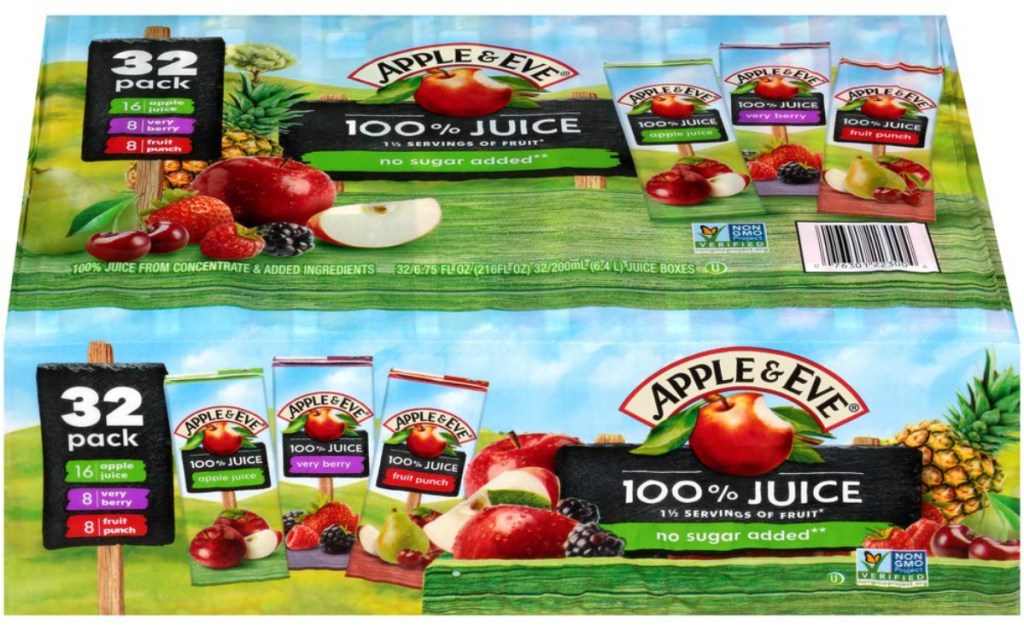 Large case of apple juice juice boxes