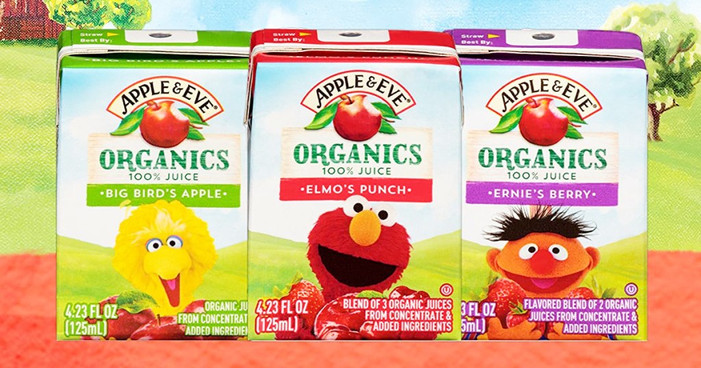 three apple & eve juice boxes with sesame street characters