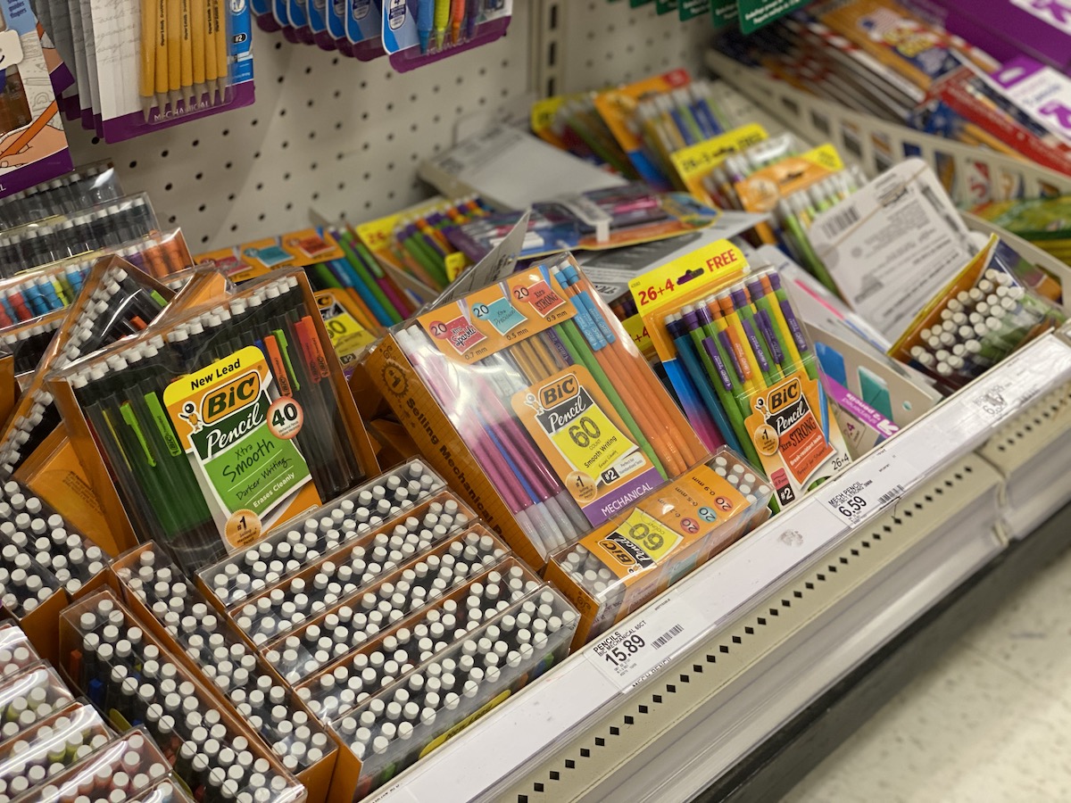 target shelf with multiple packs of bic mechanical pencils