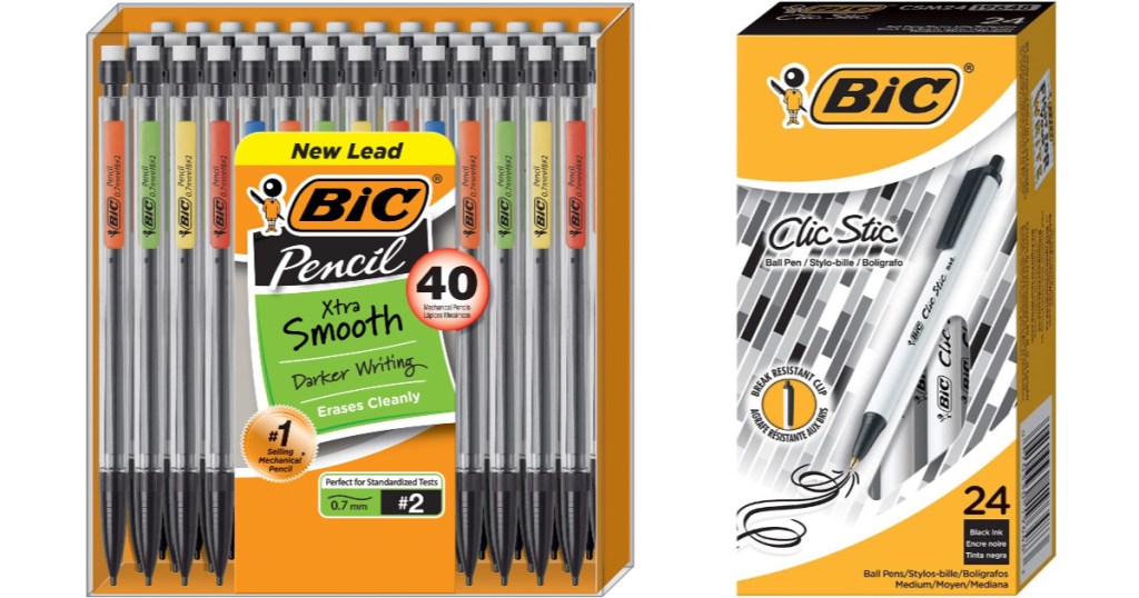 bic mechanical pencils and box of clic stick pens