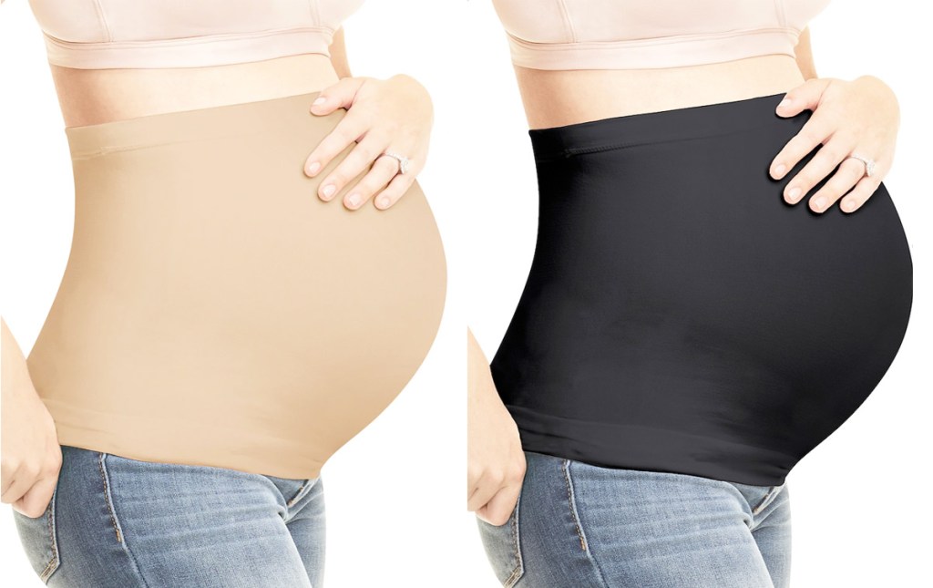 two women modeling maternity belly bands in nude and black colors