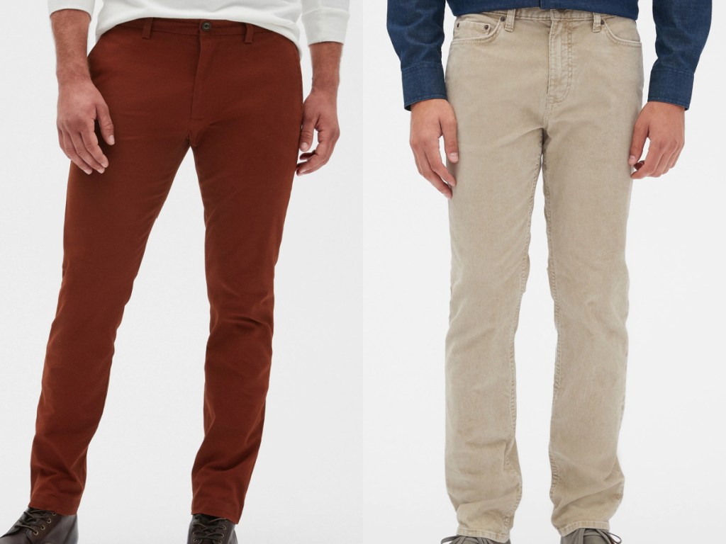 man in red pants and man in tan pants