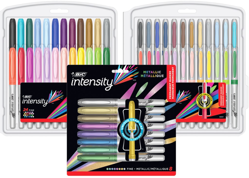 two clear packages of bic markers with package of metallic markers up front