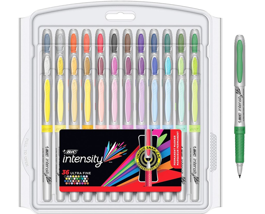 clear package of bic markers in assorted colors with green marker next to it